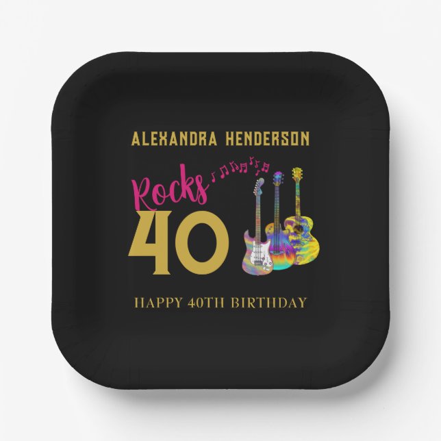 40th Birthday Party Name Guitars Music Rocks 40 Paper Plate (Front)