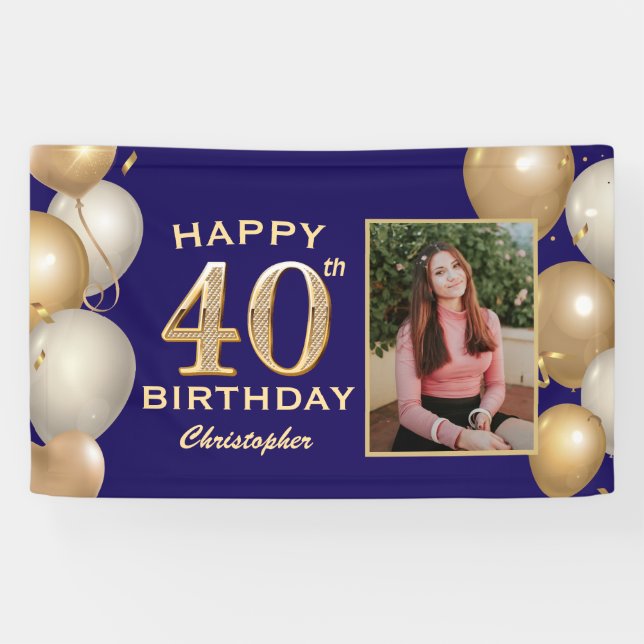 40th Birthday Party Navy Blue and Gold Balloons Banner (Horizontal)