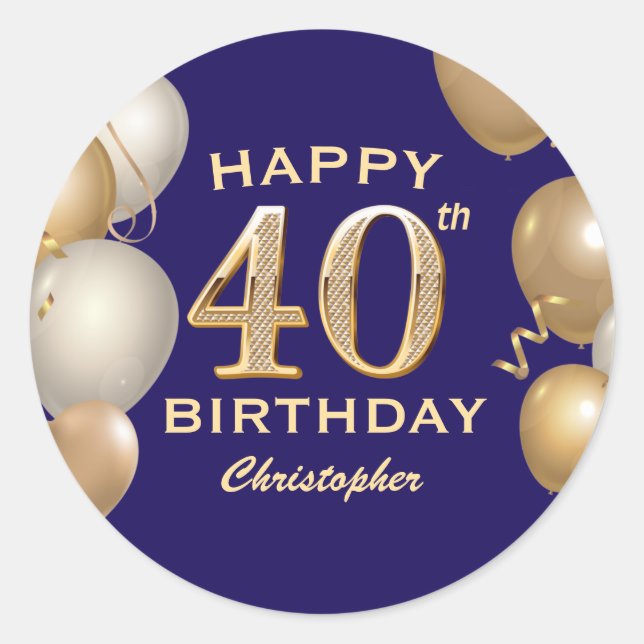 40th Birthday Party Navy Blue and Gold Balloons Classic Round Sticker (Front)