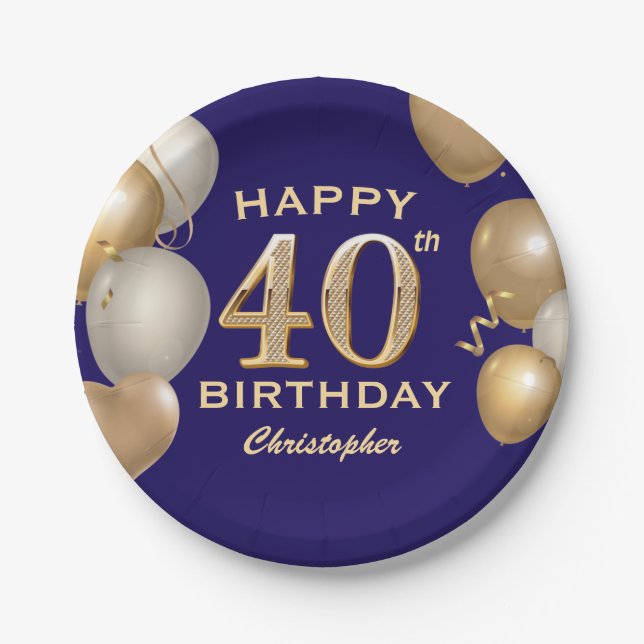 40th Birthday Party Navy Blue and Gold Balloons Paper Plate (Front)