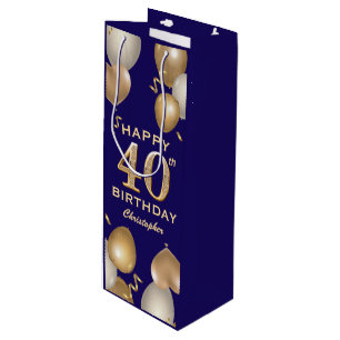 40th Birthday Party Navy Blue and Gold Balloons Wine Gift Bag
