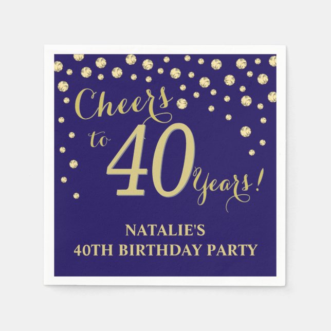 40th Birthday Party Navy Blue and Gold Diamond Napkin (Front)
