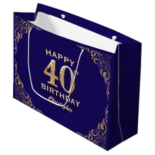 40th Birthday Party Navy Blue and Gold Glitter Large Gift Bag