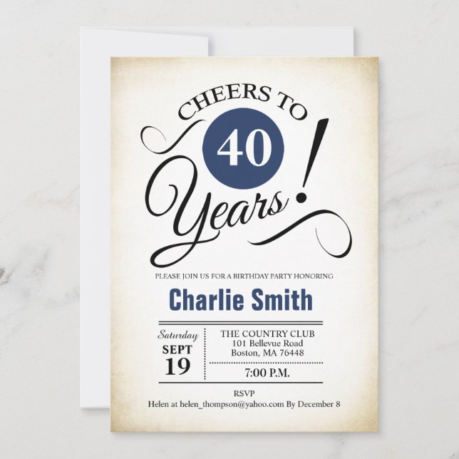 40th Birthday Party - Navy Blue Black White Invitation (Front)