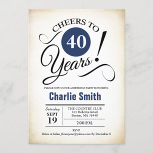 40th Birthday Party - Navy Blue Black White Invitation