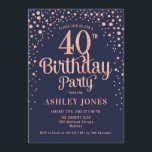 40th Birthday Party - Navy & Rose Gold Invitation<br><div class="desc">40th Birthday Party Invitation.
Elegant design in navy blue and faux glitter rose gold. Features stylish script font and confetti. Message me if you need custom age.</div>