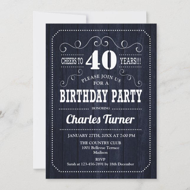 40th Birthday Party - Navy Wood Pattern Invitation (Front)