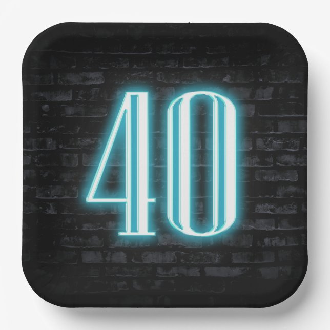 40th Birthday Party Neon Sign on Brick Paper Plate (Front)