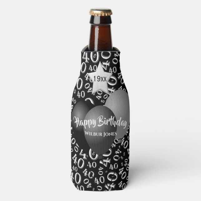 40th Birthday Party Number Pattern Black and White Bottle Cooler (Bottle Front)