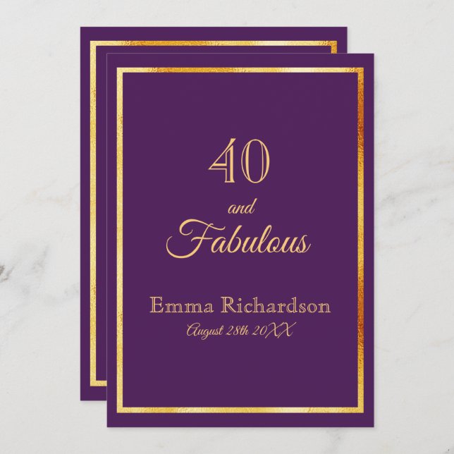 40th birthday party on purple with gold frame invitation (Front/Back)