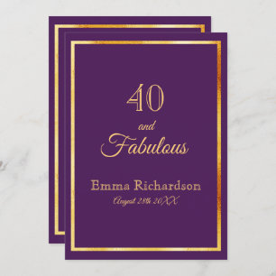 40th birthday party on purple with gold frame invitation