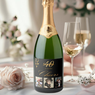 40th birthday party photo black gold cheers script sparkling wine label