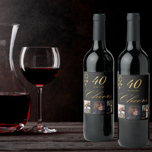 40th birthday party photo black gold cheers script wine label