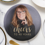 40th Birthday Party Photo Cheers Paper Plate<br><div class="desc">These custom 40th birthday paper plates feature the guest of honour's photo,  along with the word "Cheers" in elegant gold-coloured calligraphy script. A dark screen helps make the text pop. A great way to celebrate someone who's turning forty!</div>