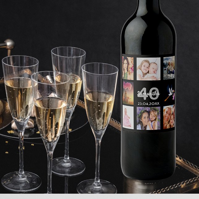 40th birthday party photo collage black wine label (Creator Uploaded)