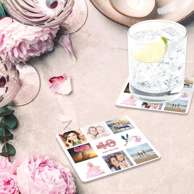 40th birthday party photo collage white square paper coaster (Creator Uploaded)