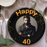 40th birthday party photo gold balloons black paper plate<br><div class="desc">A paper plate for a 40th birthday party for guys. Template for your photo.  Black background and the text: Happy 40.  The text is written with a trendy faux gold balloon script.  Golden confetti as decoration.
Matching paper napkins are available in our store!</div>