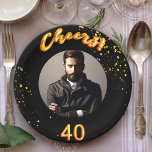 40th birthday party photo gold balloons black paper plate<br><div class="desc">A paper plate for a 40th birthday party for guys. Template for your photo.  Black background and the text: Cheers! 40.  The text is written with a trendy faux gold balloon script.  Golden confetti as decoration.
Matching paper napkins are available in our store!</div>