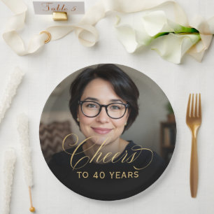 40th Birthday Party Photo Gold Script Cheers  Paper Plate