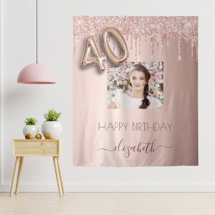 40th birthday party photo rose gold glitter pink tapestry
