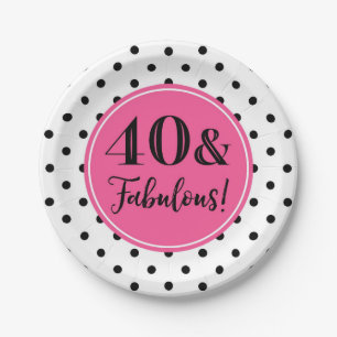 40th Birthday Party Pink Black White Dots Paper Plate
