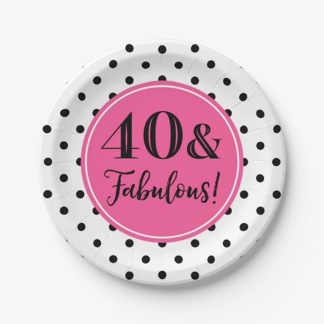 40th Birthday Party Pink Black White Dots Paper Plate (Front)