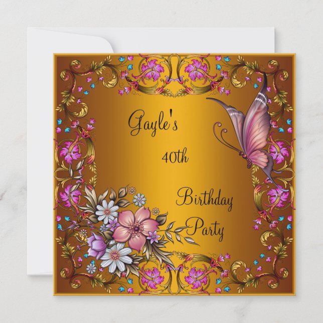 40th Birthday Party Pink Floral Butterfly Gold Invitation (Front)