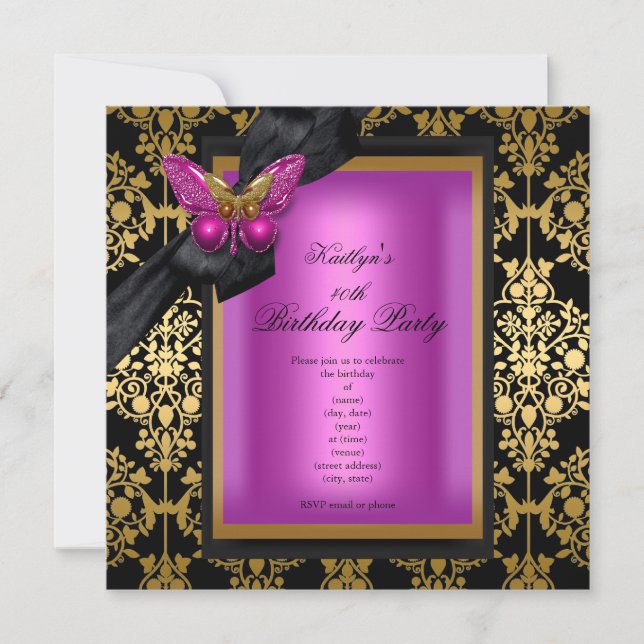 40th Birthday Party Pink Gold Damask Butterfly Invitation (Front)