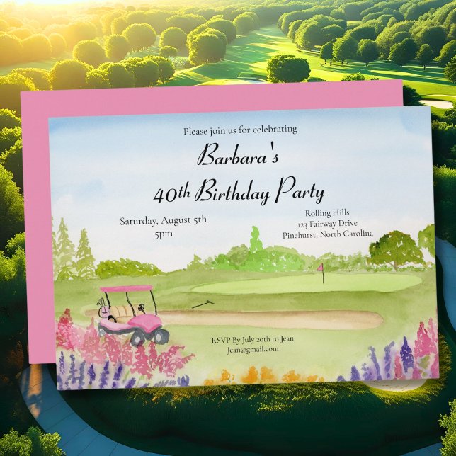 40th Birthday Party Pink Golf Cart Golf Course Invitation (Creator Uploaded)