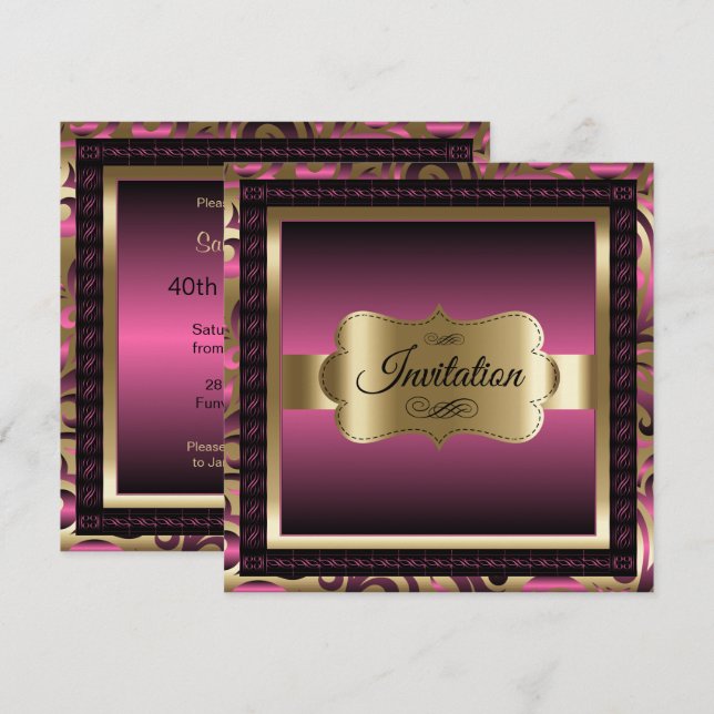 40th Birthday Party | Pink Metallic & Gold Invitation (Front/Back)