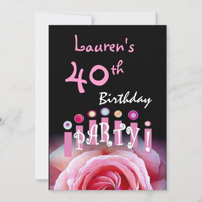40th Birthday Party Pink Rose and Candles W1167 Invitation (Front)