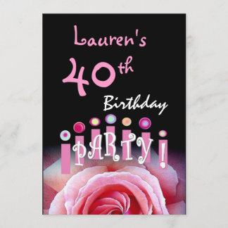 40th Birthday Party Pink Rose and Candles W1167 Invitation