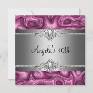 40th Birthday Party Pink Silver Abstract Invitation