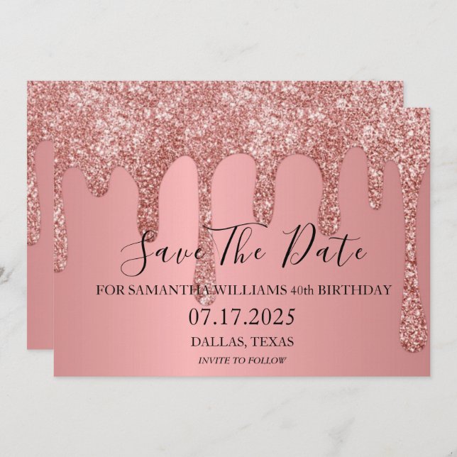 40th Birthday Party Pink Sparkle Glitter Drips Save The Date (Front/Back)