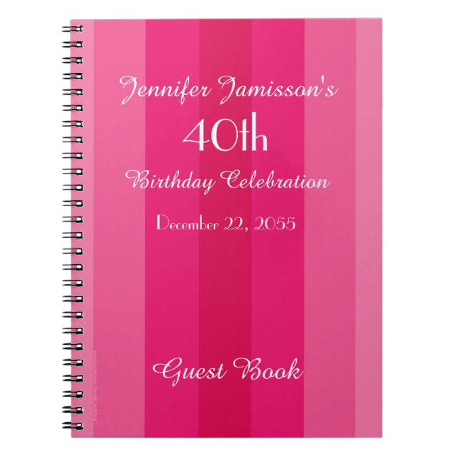 40th Birthday Party Pink Stripe Name Spiral Notebook (Front)
