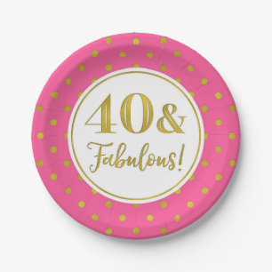 40th Birthday Party Pink White Gold Dots Paper Plate