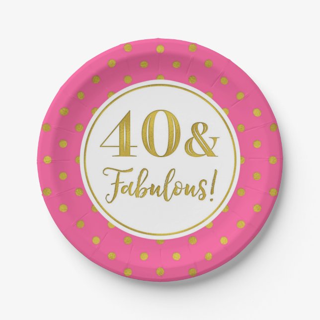 40th Birthday Party Pink White Gold Dots Paper Plate (Front)