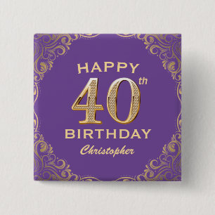 40th Birthday Party Purple and Gold Glitter Frame 15 Cm Square Badge