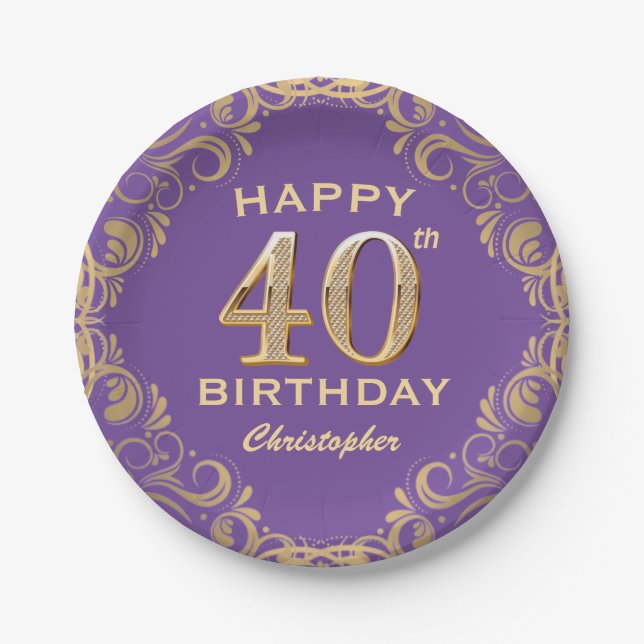 40th Birthday Party Purple and Gold Glitter Frame Paper Plate (Front)