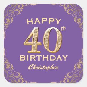 40th Birthday Party Purple and Gold Glitter Frame Square Sticker