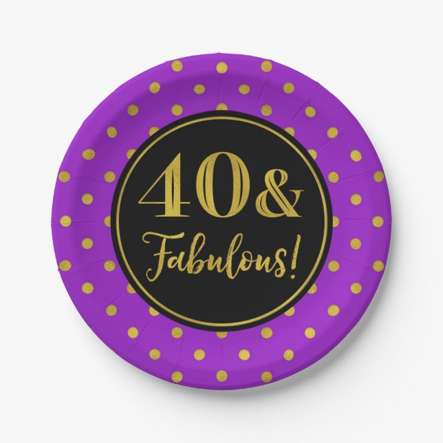 40th Birthday Party Purple Black Gold Dots Paper Paper Plate (Front)