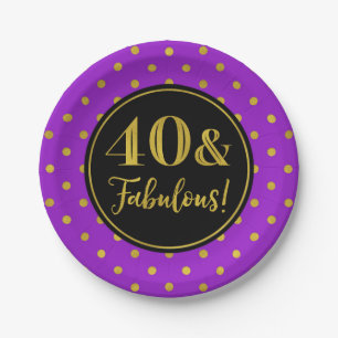 40th Birthday Party Purple Black Gold Dots Paper Plate
