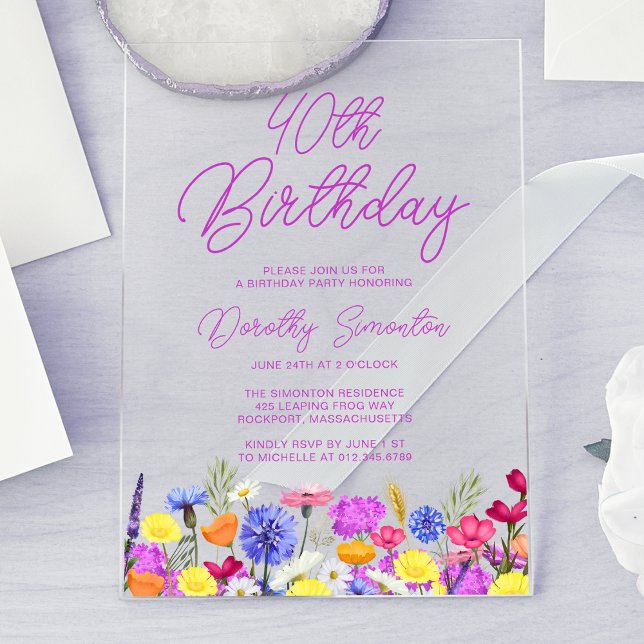 40th Birthday Party Purple Boho Wildflower Acrylic Invitations (Creator Uploaded)