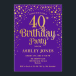 40th Birthday Party - Purple & Gold Invitation<br><div class="desc">40th Birthday Party Invitation.
Elegant design in royal purple and faux glitter gold. Features stylish script font and confetti. Message me if you need custom age.</div>