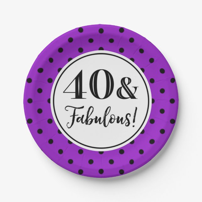 40th Birthday Party Purple White Black Dots Paper Plate (Front)