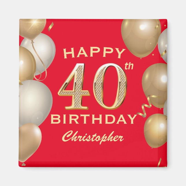 40th Birthday Party Red and Gold Balloons Magnet (Front)