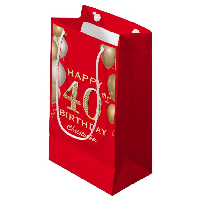 40th Birthday Party Red and Gold Balloons Small Gift Bag (Front Angled)