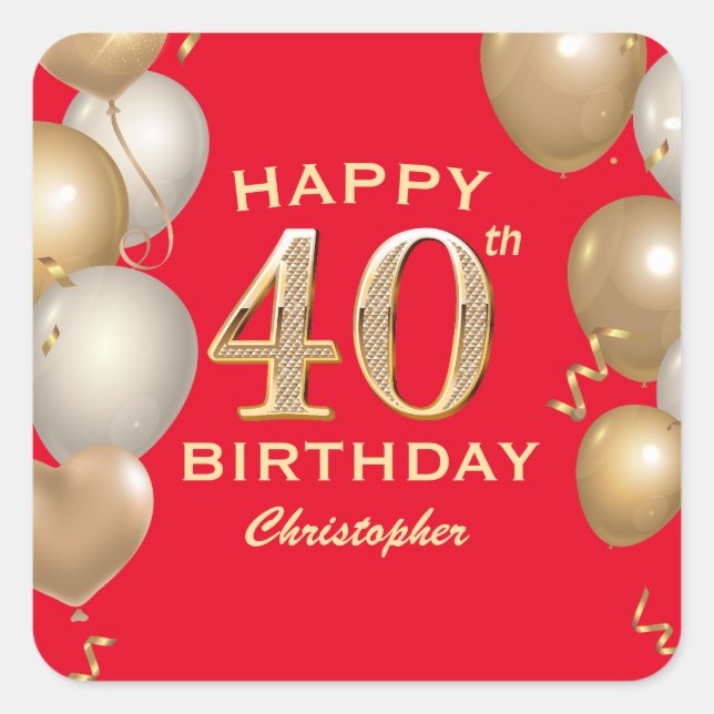 40th Birthday Party Red and Gold Balloons Square Sticker (Front)