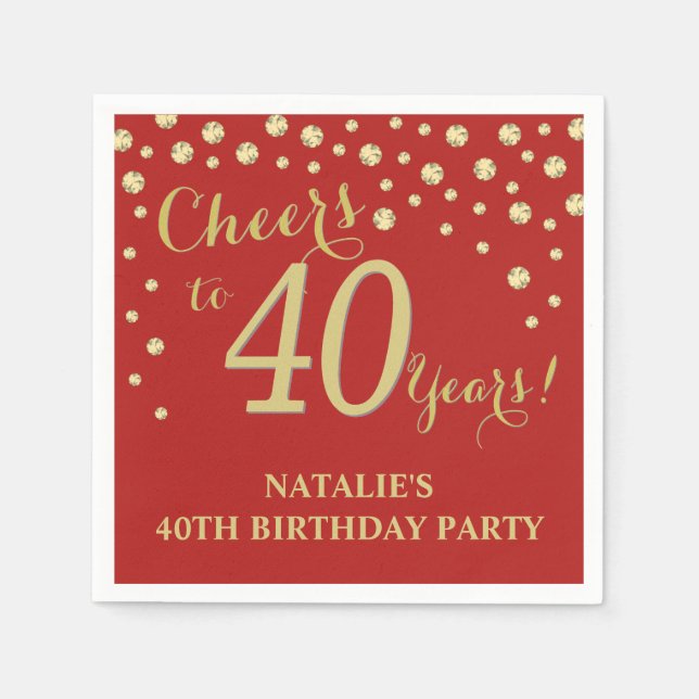 40th Birthday Party Red and Gold Diamond Napkins (Front)