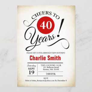 40th Birthday Party -  Red Black White Invitation